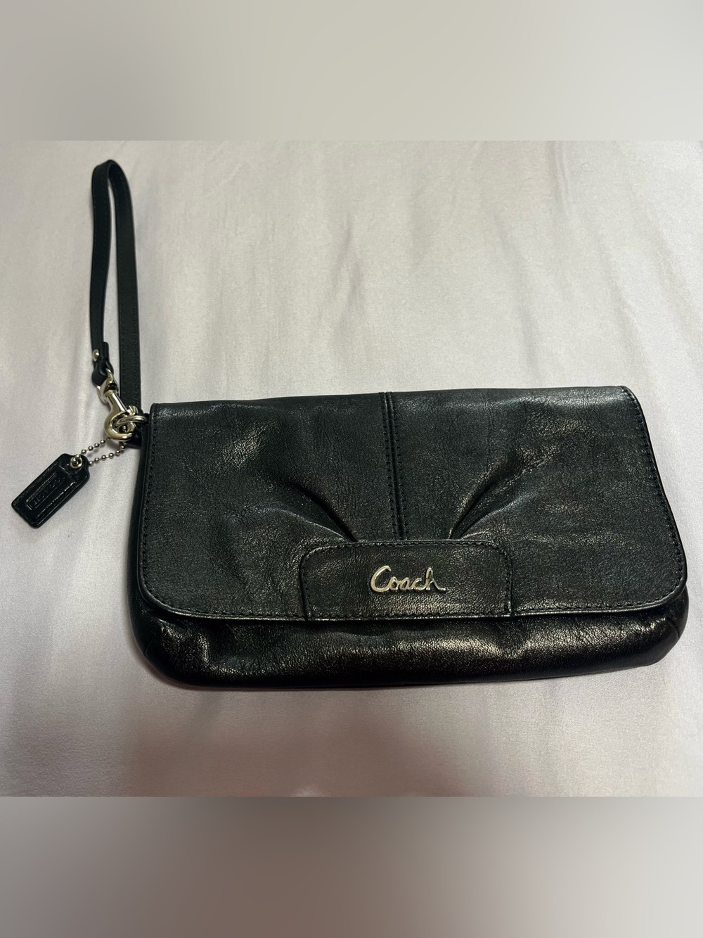 Coach Black Leather Wristlet Clutch with Silver Logo
